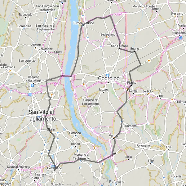 Miniaturní mapa "Cyklistická cesta kolem Cordovada a San Vito al Tagliamento" inspirace pro cyklisty v oblasti Friuli-Venezia Giulia, Italy. Vytvořeno pomocí plánovače tras Tarmacs.app