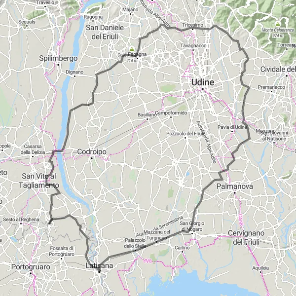 Miniatua del mapa de inspiración ciclista "Ruta de los pueblos" en Friuli-Venezia Giulia, Italy. Generado por Tarmacs.app planificador de rutas ciclistas