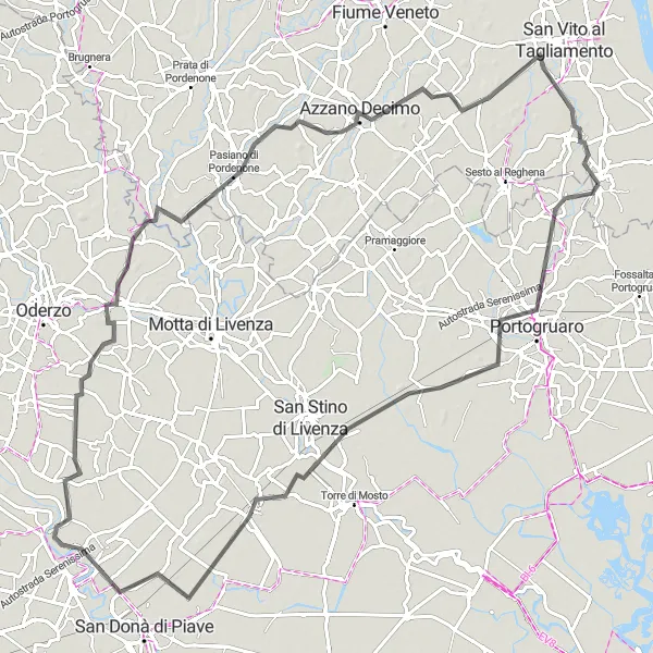 Zemljevid v pomanjšavi "Kolesarski izziv do Azzano Decimo in Cordovado" kolesarske inspiracije v Friuli-Venezia Giulia, Italy. Generirano z načrtovalcem kolesarskih poti Tarmacs.app