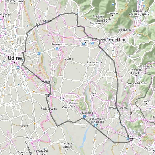 Kartminiatyr av "Vägutflykten till Pavia di Udine" cykelinspiration i Friuli-Venezia Giulia, Italy. Genererad av Tarmacs.app cykelruttplanerare