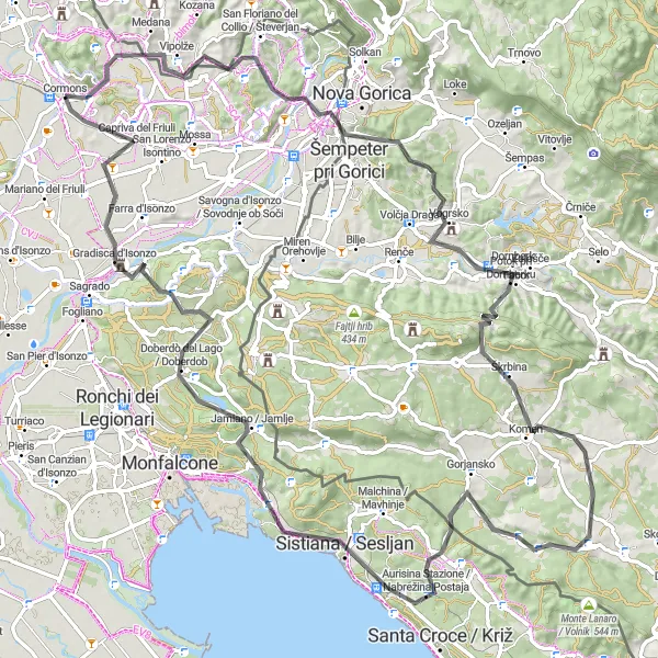 Zemljevid v pomanjšavi "Kolesarska pot do Gradisca d'Isonzo" kolesarske inspiracije v Friuli-Venezia Giulia, Italy. Generirano z načrtovalcem kolesarskih poti Tarmacs.app