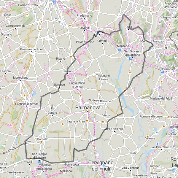 Miniaturní mapa "Okružní cyklistická trasa Corno di Rosazzo - Visco - Torviscosa - Bicinicco - Buttrio - Colle Clama" inspirace pro cyklisty v oblasti Friuli-Venezia Giulia, Italy. Vytvořeno pomocí plánovače tras Tarmacs.app