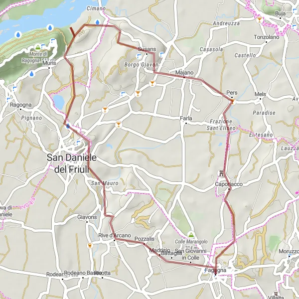 Miniatura della mappa di ispirazione al ciclismo "Avventure tra San Daniele del Friuli e Majano" nella regione di Friuli-Venezia Giulia, Italy. Generata da Tarmacs.app, pianificatore di rotte ciclistiche