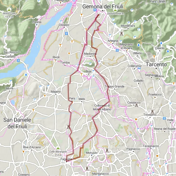 Miniature de la carte de l'inspiration cycliste "Les collines de Fagagna en gravier" dans la Friuli-Venezia Giulia, Italy. Générée par le planificateur d'itinéraire cycliste Tarmacs.app