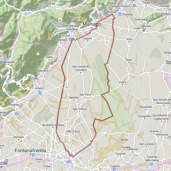 Mapa miniatúra "Gravel trasa cez Fannu a Monte Lieto" cyklistická inšpirácia v Friuli-Venezia Giulia, Italy. Vygenerované cyklistickým plánovačom trás Tarmacs.app
