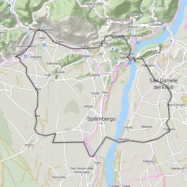 Miniatuurkaart van de fietsinspiratie "Rit door de heuvels van Fanna en omgeving" in Friuli-Venezia Giulia, Italy. Gemaakt door de Tarmacs.app fietsrouteplanner