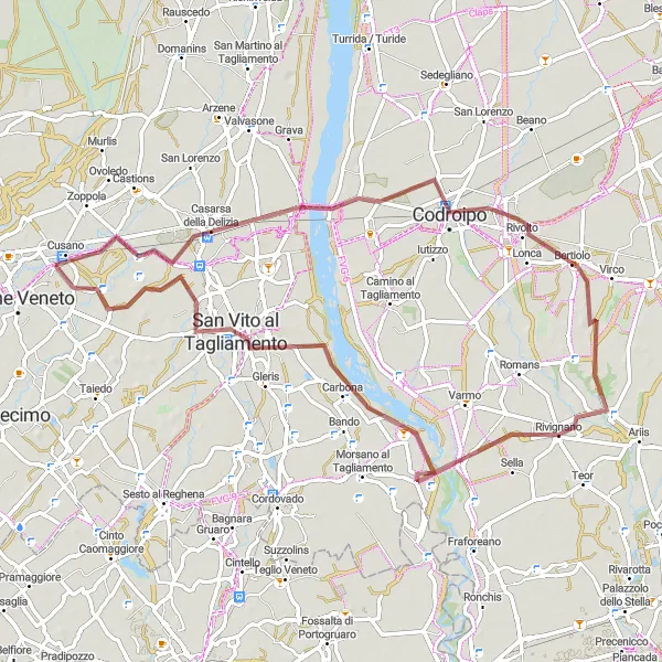 Miniatua del mapa de inspiración ciclista "Ruta de Grava a Casarsa della Delizia" en Friuli-Venezia Giulia, Italy. Generado por Tarmacs.app planificador de rutas ciclistas