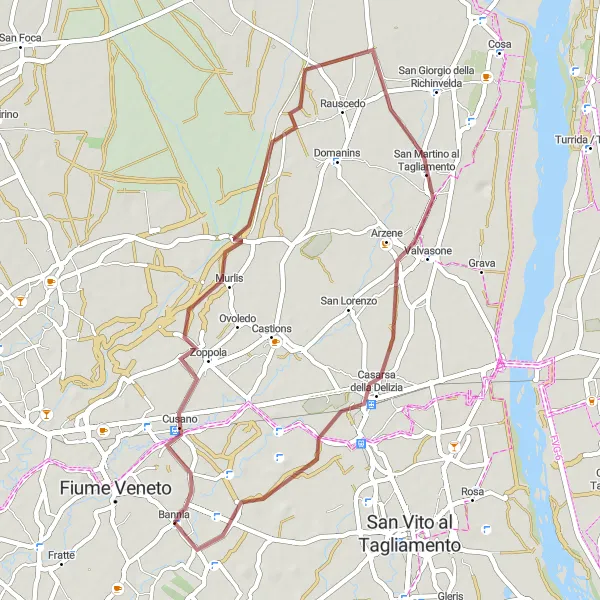 Mapa miniatúra "Gravelove stopy okolo Fiume Veneto" cyklistická inšpirácia v Friuli-Venezia Giulia, Italy. Vygenerované cyklistickým plánovačom trás Tarmacs.app