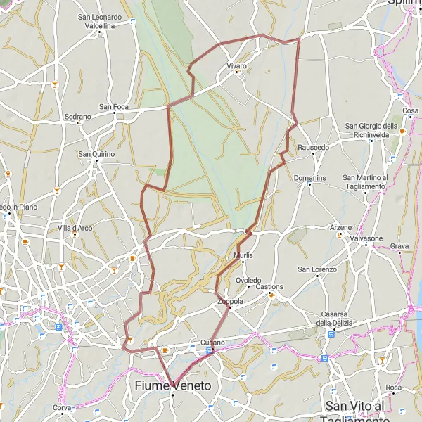 Mapa miniatúra "Gravel cez Cordenons a Murlis" cyklistická inšpirácia v Friuli-Venezia Giulia, Italy. Vygenerované cyklistickým plánovačom trás Tarmacs.app