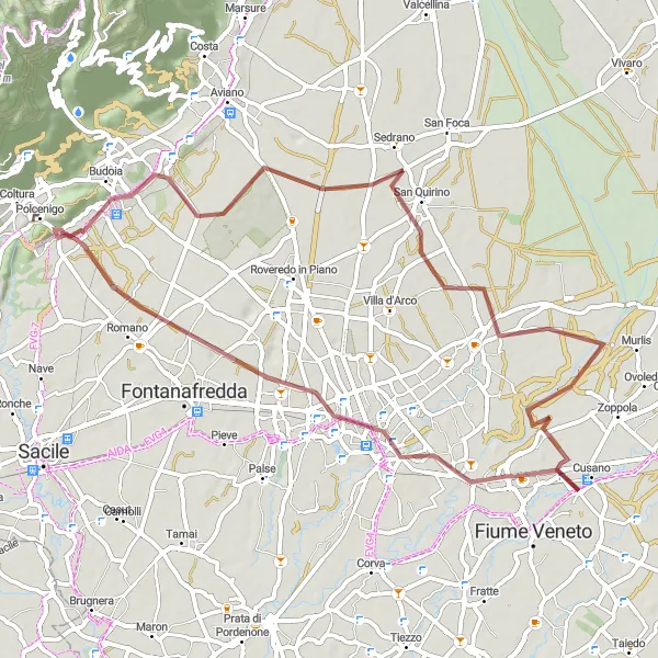 Miniaturní mapa "Gravel Bike Route: Pordenone - Colle delle razze - Polcenigo - Belvedere di Castello di Aviano - San Quirino" inspirace pro cyklisty v oblasti Friuli-Venezia Giulia, Italy. Vytvořeno pomocí plánovače tras Tarmacs.app