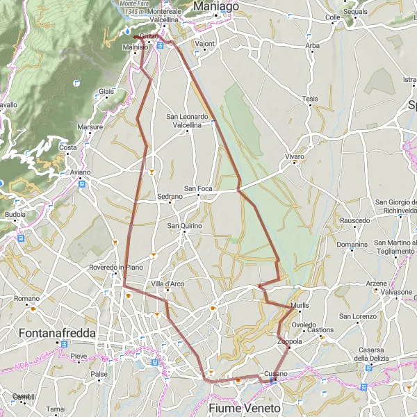 Map miniature of "Pescincanna to Zoppola: Scenic Gravel Adventure" cycling inspiration in Friuli-Venezia Giulia, Italy. Generated by Tarmacs.app cycling route planner