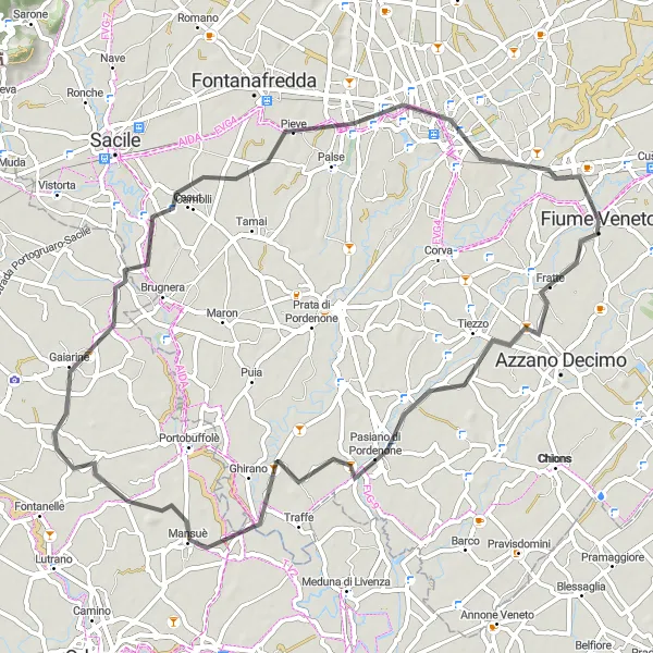 Mapa miniatúra "Cyklistická trasa Ghirano - Borgo Meduna" cyklistická inšpirácia v Friuli-Venezia Giulia, Italy. Vygenerované cyklistickým plánovačom trás Tarmacs.app