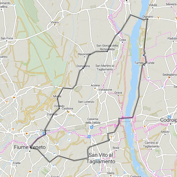 Mapa miniatúra "Cyklistická trasa Zoppola - Bannia" cyklistická inšpirácia v Friuli-Venezia Giulia, Italy. Vygenerované cyklistickým plánovačom trás Tarmacs.app
