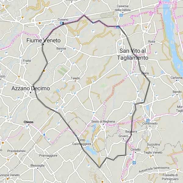 Miniaturní mapa "Okruh San Vito al Tagliamento - Azzano Decimo - Fiume Veneto" inspirace pro cyklisty v oblasti Friuli-Venezia Giulia, Italy. Vytvořeno pomocí plánovače tras Tarmacs.app