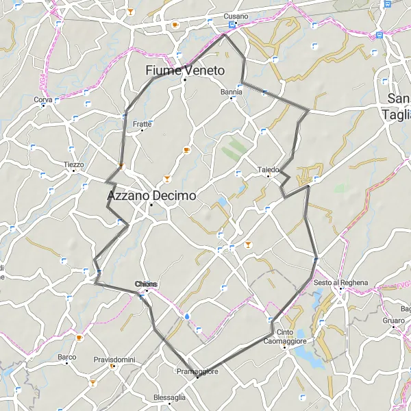 Mapa miniatúra "Okruh kolem Fiume Veneto" cyklistická inšpirácia v Friuli-Venezia Giulia, Italy. Vygenerované cyklistickým plánovačom trás Tarmacs.app