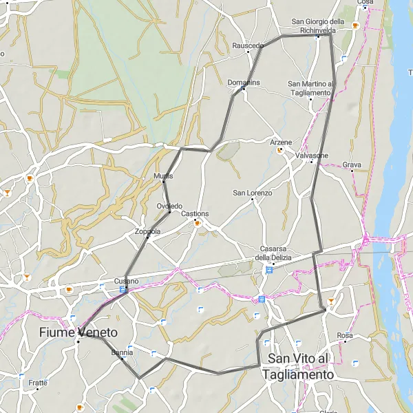 Mapa miniatúra "Cyklistická trasa Zoppola - Bannia" cyklistická inšpirácia v Friuli-Venezia Giulia, Italy. Vygenerované cyklistickým plánovačom trás Tarmacs.app