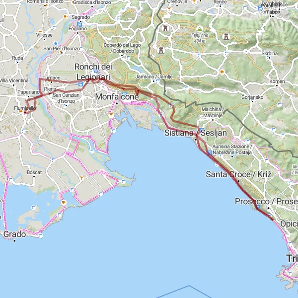 Miniatua del mapa de inspiración ciclista "Ruta Gravel a Turriaco" en Friuli-Venezia Giulia, Italy. Generado por Tarmacs.app planificador de rutas ciclistas