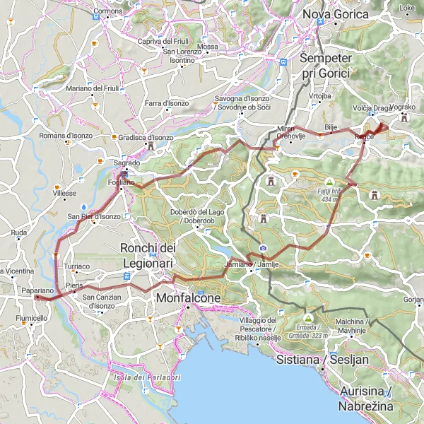 Miniatua del mapa de inspiración ciclista "Ruta de Ciclismo de Grava a Fiumicello" en Friuli-Venezia Giulia, Italy. Generado por Tarmacs.app planificador de rutas ciclistas