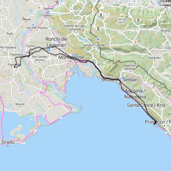Miniatura della mappa di ispirazione al ciclismo "Giro dei Castelli sul Mare" nella regione di Friuli-Venezia Giulia, Italy. Generata da Tarmacs.app, pianificatore di rotte ciclistiche