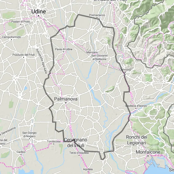 Miniatua del mapa de inspiración ciclista "Ruta de Ciclismo de Carretera a Fiumicello" en Friuli-Venezia Giulia, Italy. Generado por Tarmacs.app planificador de rutas ciclistas