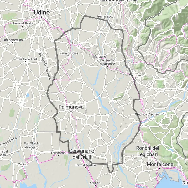 Zemljevid v pomanjšavi "Kolesarjenje skozi vinorodne griče" kolesarske inspiracije v Friuli-Venezia Giulia, Italy. Generirano z načrtovalcem kolesarskih poti Tarmacs.app