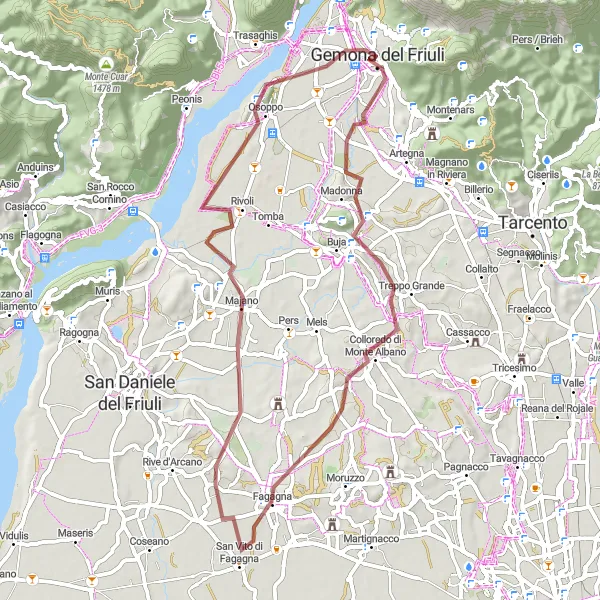Mapa miniatúra "Gravelová trasa Monte di Buja" cyklistická inšpirácia v Friuli-Venezia Giulia, Italy. Vygenerované cyklistickým plánovačom trás Tarmacs.app
