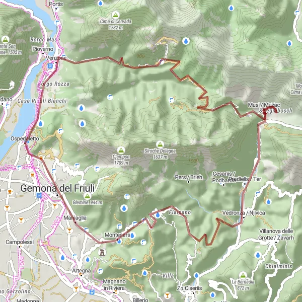 Miniature de la carte de l'inspiration cycliste "Les Montagnes de Gemona" dans la Friuli-Venezia Giulia, Italy. Générée par le planificateur d'itinéraire cycliste Tarmacs.app