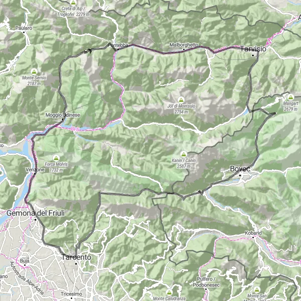 Miniaturní mapa "Road Route from Gemona to Bovec" inspirace pro cyklisty v oblasti Friuli-Venezia Giulia, Italy. Vytvořeno pomocí plánovače tras Tarmacs.app