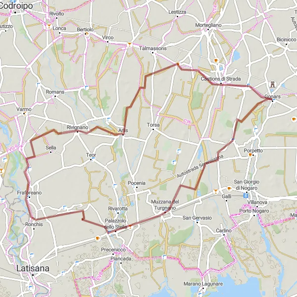 Mapa miniatúra "Gravel Trasa cez Muzzana del Turgnano" cyklistická inšpirácia v Friuli-Venezia Giulia, Italy. Vygenerované cyklistickým plánovačom trás Tarmacs.app