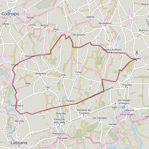 Mapa miniatúra "Cesta cez Pocenia a Castions di Strada" cyklistická inšpirácia v Friuli-Venezia Giulia, Italy. Vygenerované cyklistickým plánovačom trás Tarmacs.app