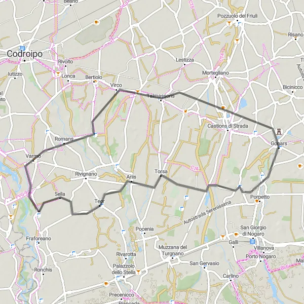 Mapa miniatúra "Cestná Cyklotúra do okolia Gonars" cyklistická inšpirácia v Friuli-Venezia Giulia, Italy. Vygenerované cyklistickým plánovačom trás Tarmacs.app