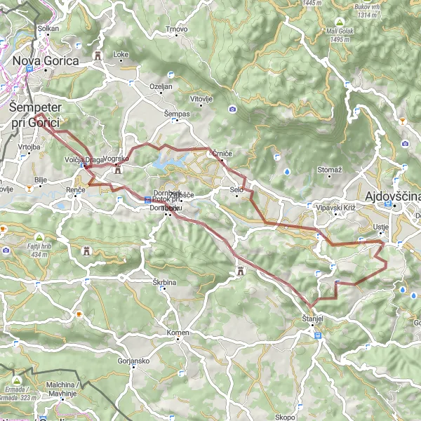 Zemljevid v pomanjšavi "Makadamska pustolovščina v okolici Gorice" kolesarske inspiracije v Friuli-Venezia Giulia, Italy. Generirano z načrtovalcem kolesarskih poti Tarmacs.app