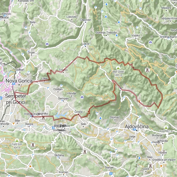 Miniaturní mapa "Gravelová cyklotrasa Rožna Dolina - Otlica - Črniče" inspirace pro cyklisty v oblasti Friuli-Venezia Giulia, Italy. Vytvořeno pomocí plánovače tras Tarmacs.app