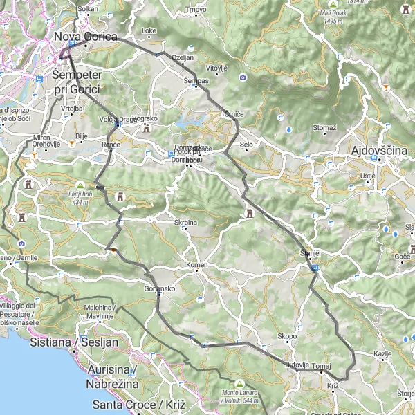 Miniatuurkaart van de fietsinspiratie "Gorizia naar Nova Gorica en terug" in Friuli-Venezia Giulia, Italy. Gemaakt door de Tarmacs.app fietsrouteplanner