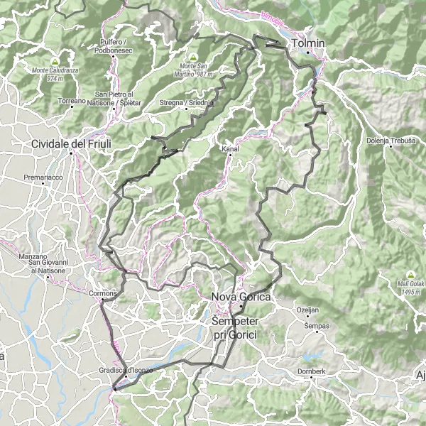 Zemljevid v pomanjšavi "Iz Gradisce d'Isonzo skozi osupljive vrhove" kolesarske inspiracije v Friuli-Venezia Giulia, Italy. Generirano z načrtovalcem kolesarskih poti Tarmacs.app