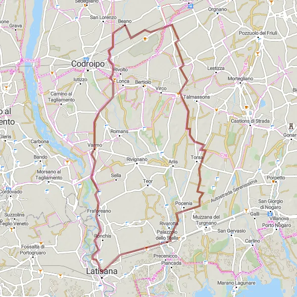 Miniatura mapy "Trasa krajobrazowa w kierunku Latisana" - trasy rowerowej w Friuli-Venezia Giulia, Italy. Wygenerowane przez planer tras rowerowych Tarmacs.app