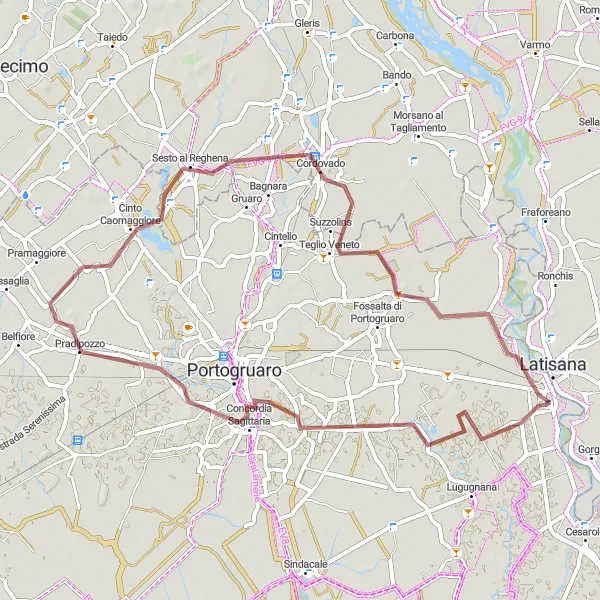 Mapa miniatúra "Gravelová cyklotrasa cez Concordia Sagittaria, Sesto al Reghena a San Michele al Tagliamento" cyklistická inšpirácia v Friuli-Venezia Giulia, Italy. Vygenerované cyklistickým plánovačom trás Tarmacs.app