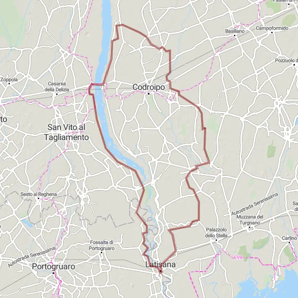 Kartminiatyr av "Grusväg genom San Michele al Tagliamento och Latisana" cykelinspiration i Friuli-Venezia Giulia, Italy. Genererad av Tarmacs.app cykelruttplanerare