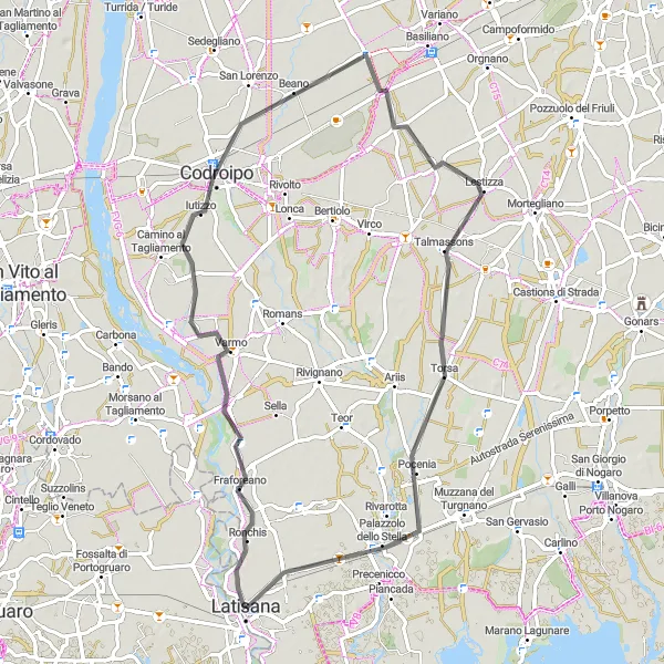 Miniaturní mapa "Okruhová cyklistická trasa kolem Latisany" inspirace pro cyklisty v oblasti Friuli-Venezia Giulia, Italy. Vytvořeno pomocí plánovače tras Tarmacs.app