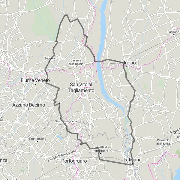 Miniatura mapy "Trasa Szosowa wokół Latisany" - trasy rowerowej w Friuli-Venezia Giulia, Italy. Wygenerowane przez planer tras rowerowych Tarmacs.app