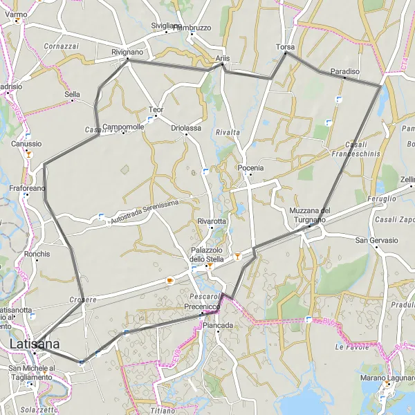 Miniatuurkaart van de fietsinspiratie "Rit naar Rivignano en Muzzana del Turgnano" in Friuli-Venezia Giulia, Italy. Gemaakt door de Tarmacs.app fietsrouteplanner