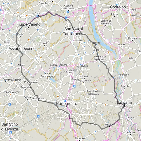 Mapa miniatúra "Okruhová cyklotrasa cez San Michele al Tagliamento, Concordia Sagittaria, Azzano Decimo a San Vito al Tagliamento" cyklistická inšpirácia v Friuli-Venezia Giulia, Italy. Vygenerované cyklistickým plánovačom trás Tarmacs.app