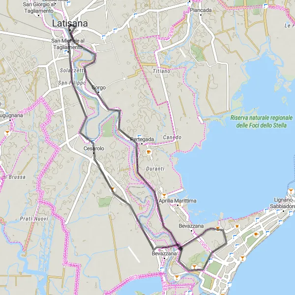 Mapa miniatúra "Jazda na bicykli cez San Michele al Tagliamento, Lignano Pineta a Latisanu" cyklistická inšpirácia v Friuli-Venezia Giulia, Italy. Vygenerované cyklistickým plánovačom trás Tarmacs.app