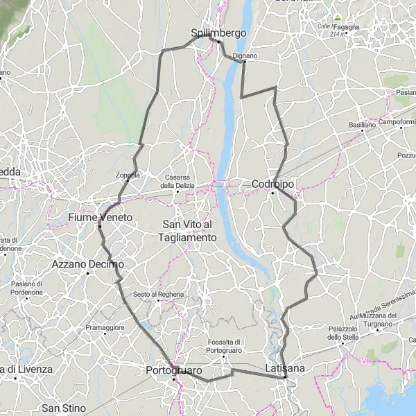Kartminiatyr av "Rundtur genom San Michele al Tagliamento och Ronchis" cykelinspiration i Friuli-Venezia Giulia, Italy. Genererad av Tarmacs.app cykelruttplanerare