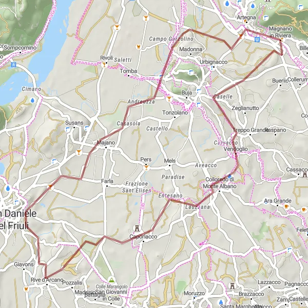 Mapa miniatúra "Gravel okruh cez Majano a Colle del Fum" cyklistická inšpirácia v Friuli-Venezia Giulia, Italy. Vygenerované cyklistickým plánovačom trás Tarmacs.app