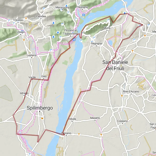 Kartminiatyr av "Majano til San Daniele del Friuli Gravel Cycling Route" sykkelinspirasjon i Friuli-Venezia Giulia, Italy. Generert av Tarmacs.app sykkelrutoplanlegger