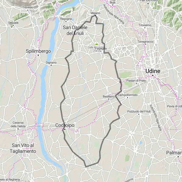 Miniatua del mapa de inspiración ciclista "Ruta en Carretera de Majano a San Daniele del Friuli" en Friuli-Venezia Giulia, Italy. Generado por Tarmacs.app planificador de rutas ciclistas