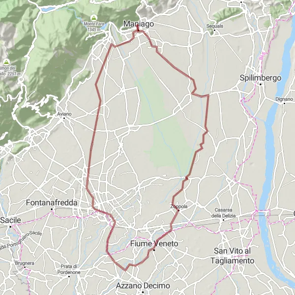 Miniatuurkaart van de fietsinspiratie "Gravelroute van Maniago naar Roveredo in Piano" in Friuli-Venezia Giulia, Italy. Gemaakt door de Tarmacs.app fietsrouteplanner