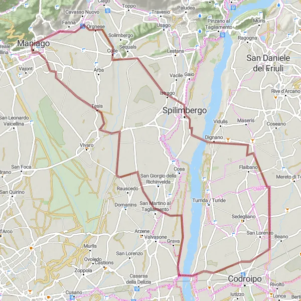 Miniature de la carte de l'inspiration cycliste "Traversée des Villages de Maniago" dans la Friuli-Venezia Giulia, Italy. Générée par le planificateur d'itinéraire cycliste Tarmacs.app