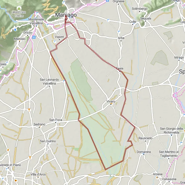 Miniatura della mappa di ispirazione al ciclismo "Percorso in bicicletta da Maniago a Tesis attraverso strade sterrate" nella regione di Friuli-Venezia Giulia, Italy. Generata da Tarmacs.app, pianificatore di rotte ciclistiche